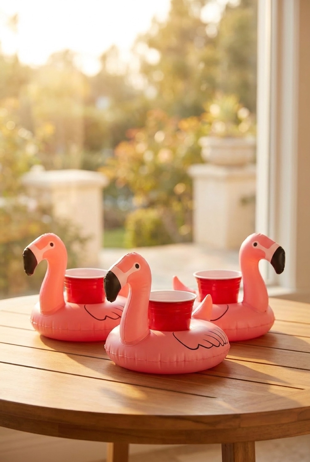 Pool Drink Holders in a sunny calm garden in soft golden-hour light