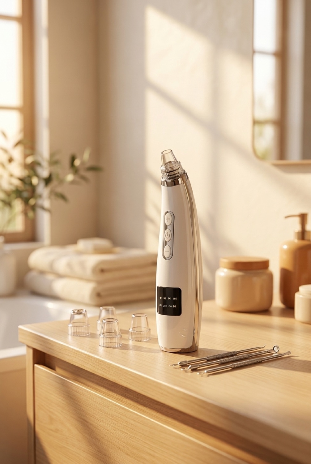 pore vacuum on a calm bathroom vanity in soft golden-hour light