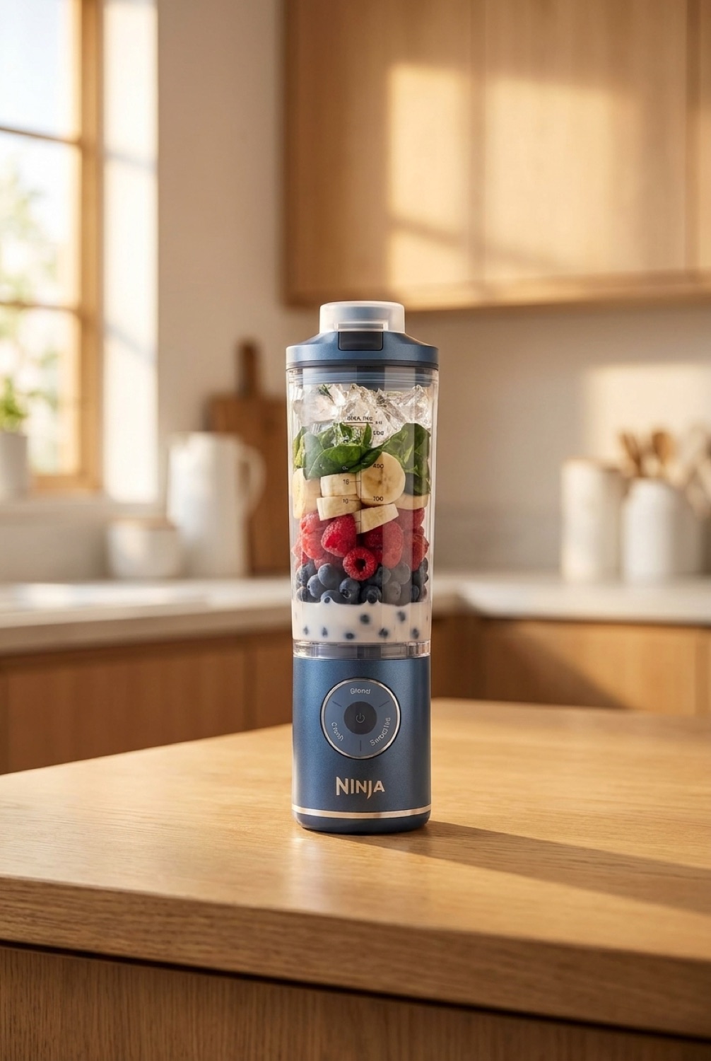 portable blender on a warm oak kitchen counter in soft golden-hour light