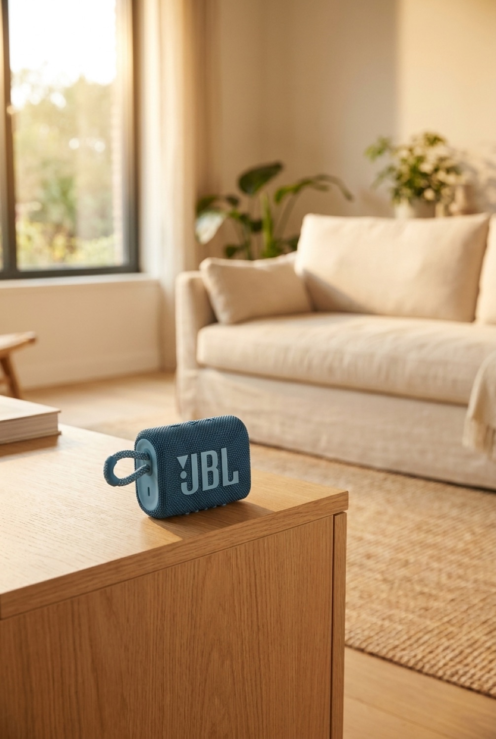 Portable Bluetooth Speaker in a calm modern living room in soft golden-hour light