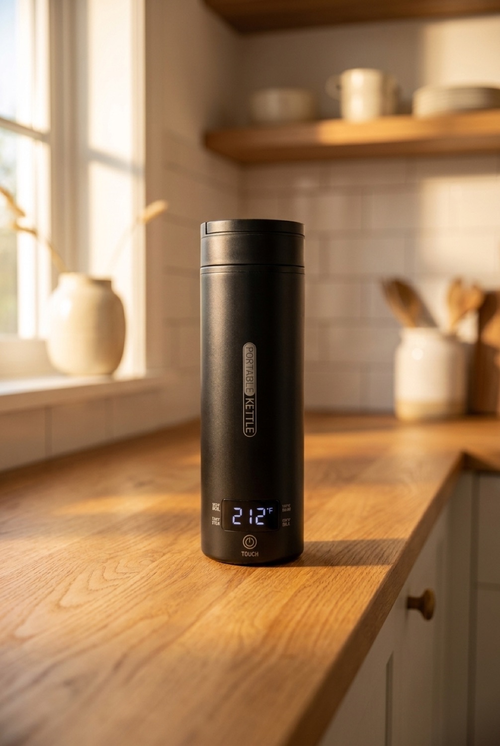 portable kettle on a warm oak kitchen counter in soft golden-hour light