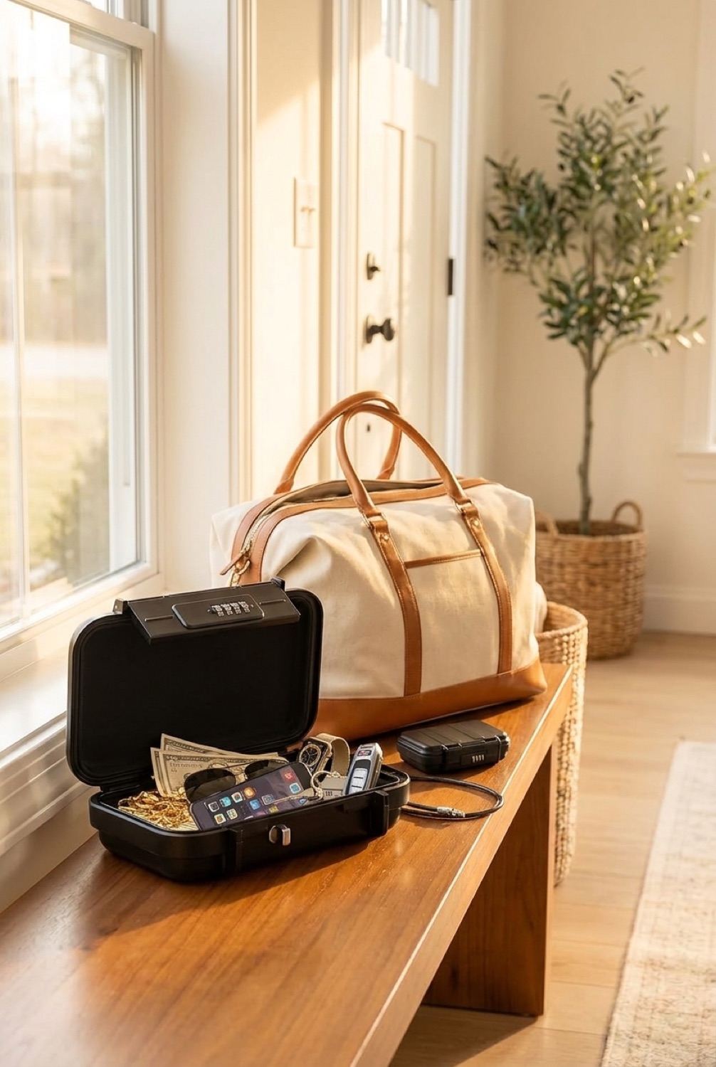 portable lock box beside a packed bag in a bright entryway in soft golden-hour light