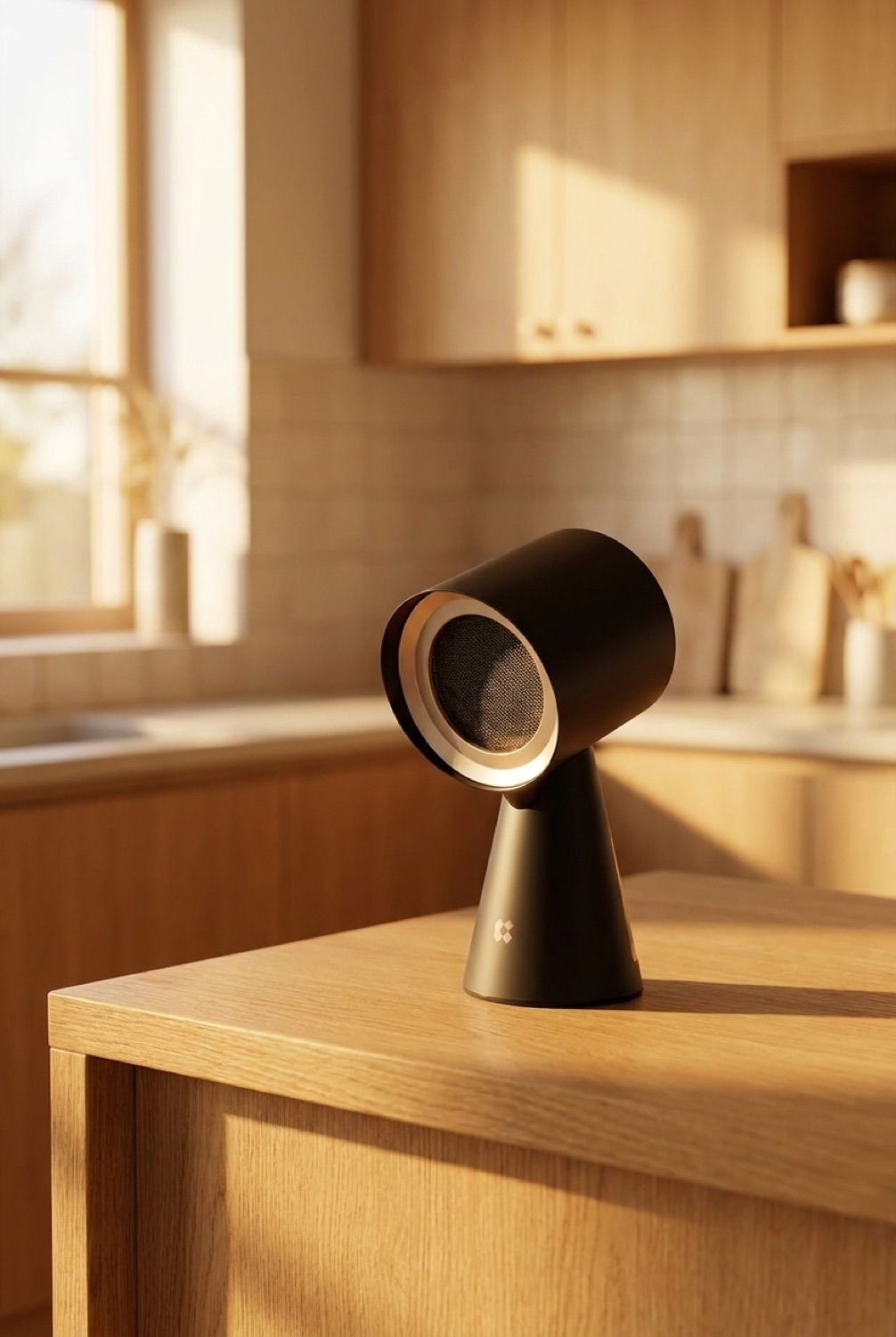portable range hood on a warm oak kitchen counter in soft golden-hour light