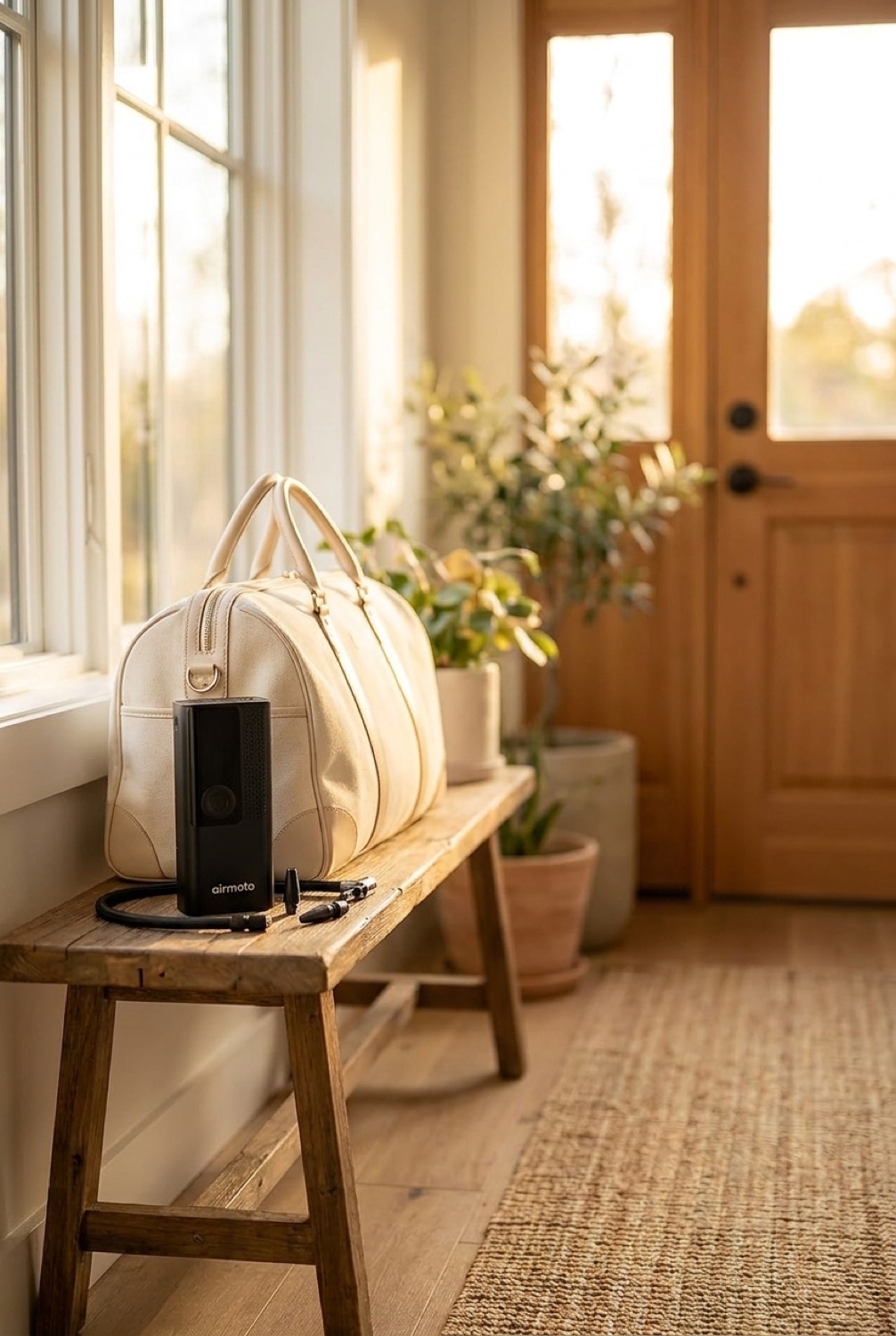 portable tire inflator beside a packed bag in a bright entryway in soft golden-hour light
