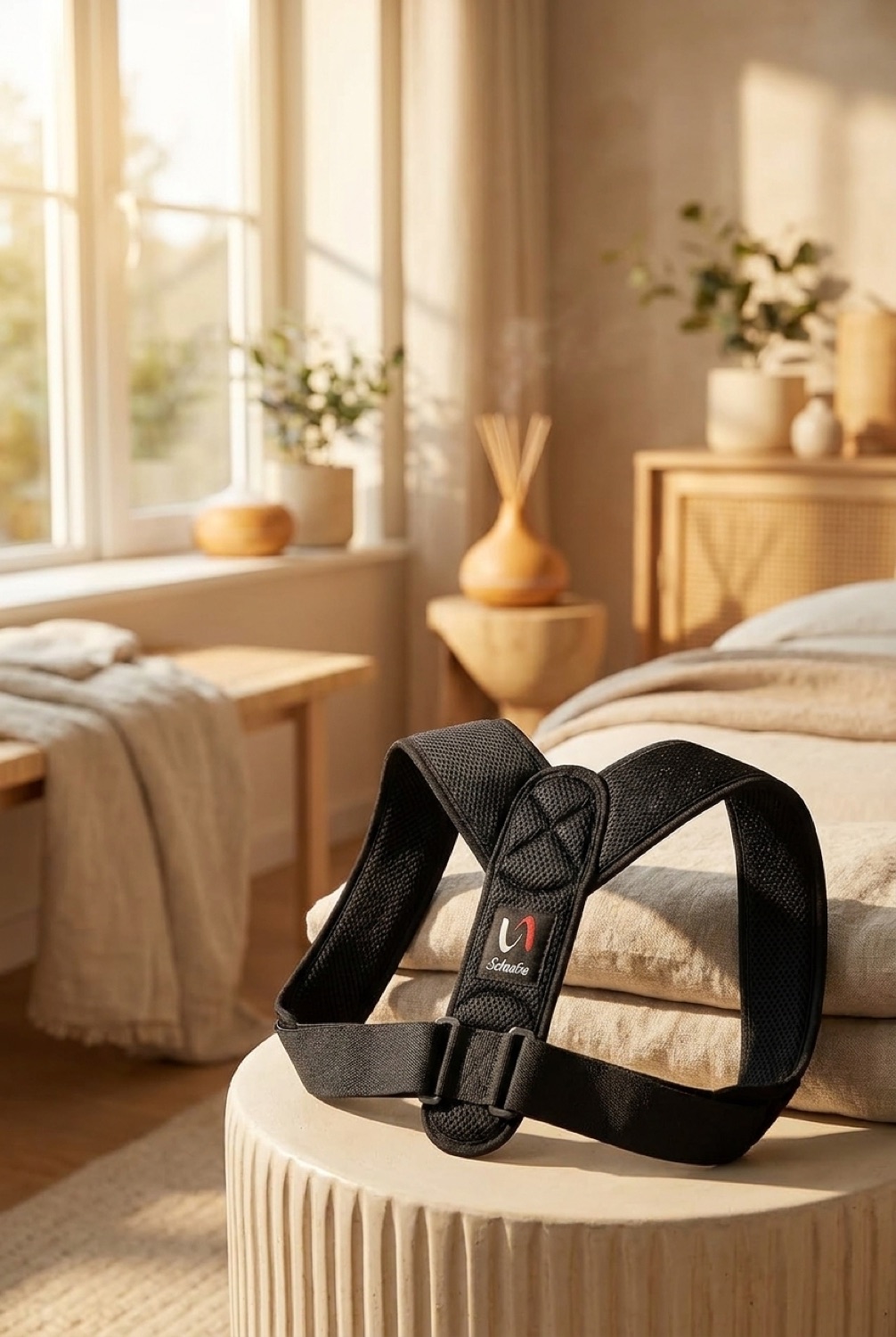 posture corrector in a calm wellness corner in soft golden-hour light