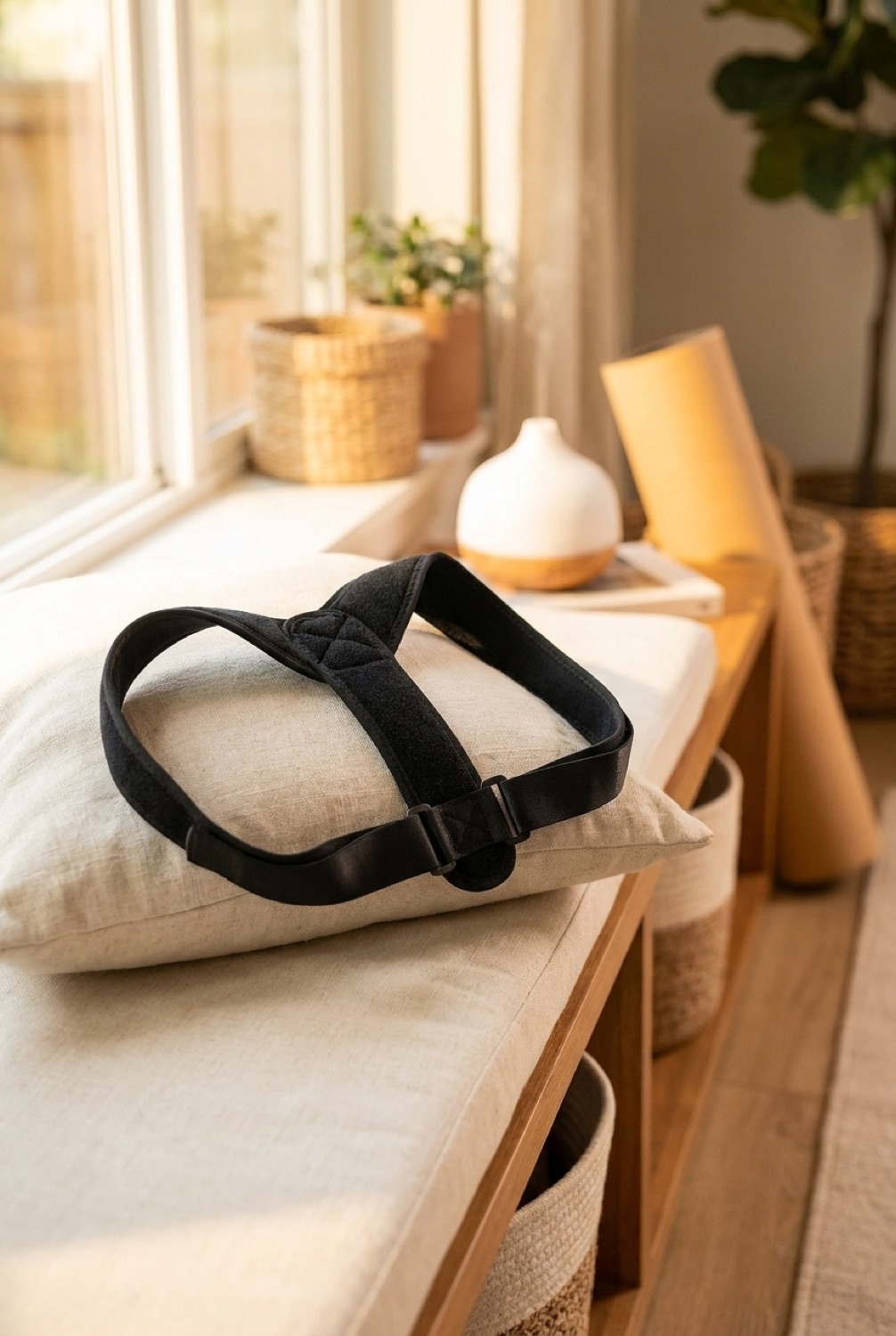 posture corrector brace in a calm wellness corner in soft golden-hour light