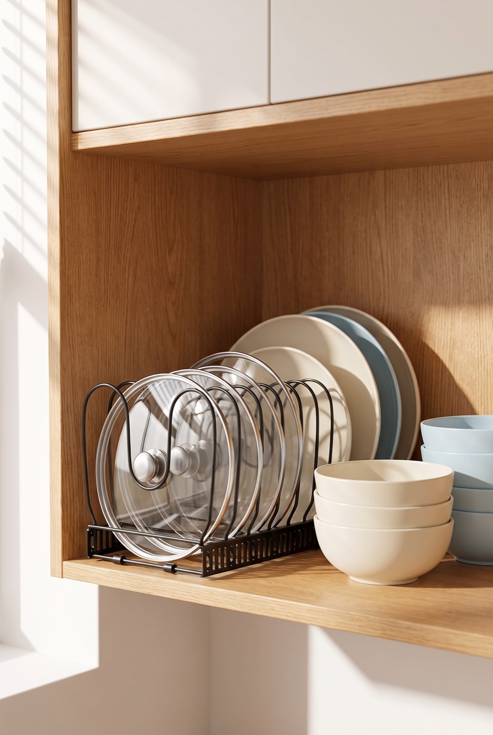 Pot lid organiser rack holding pan lids upright in a bright oak kitchen cabinet