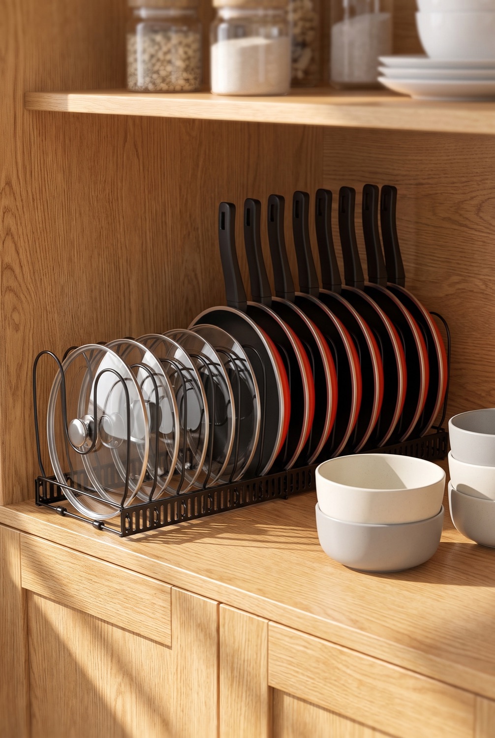 Neatly organised kitchen cabinet with pan lids stored upright on a rack