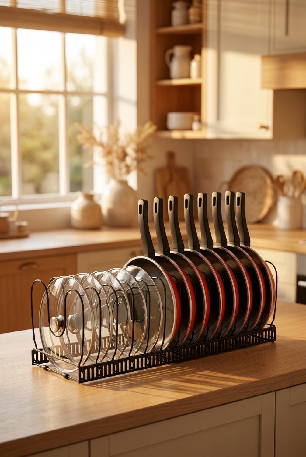 pot lid organizer rack neatly arranged in a tidy space in soft golden-hour light