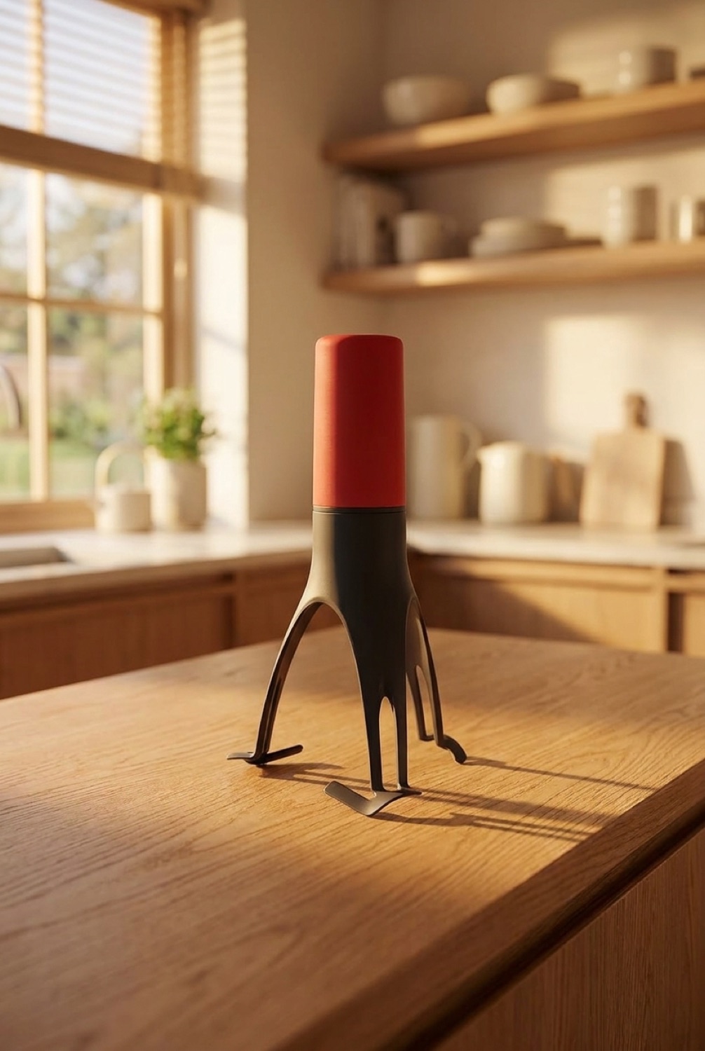 pot stirrer on a warm oak kitchen counter in soft golden-hour light