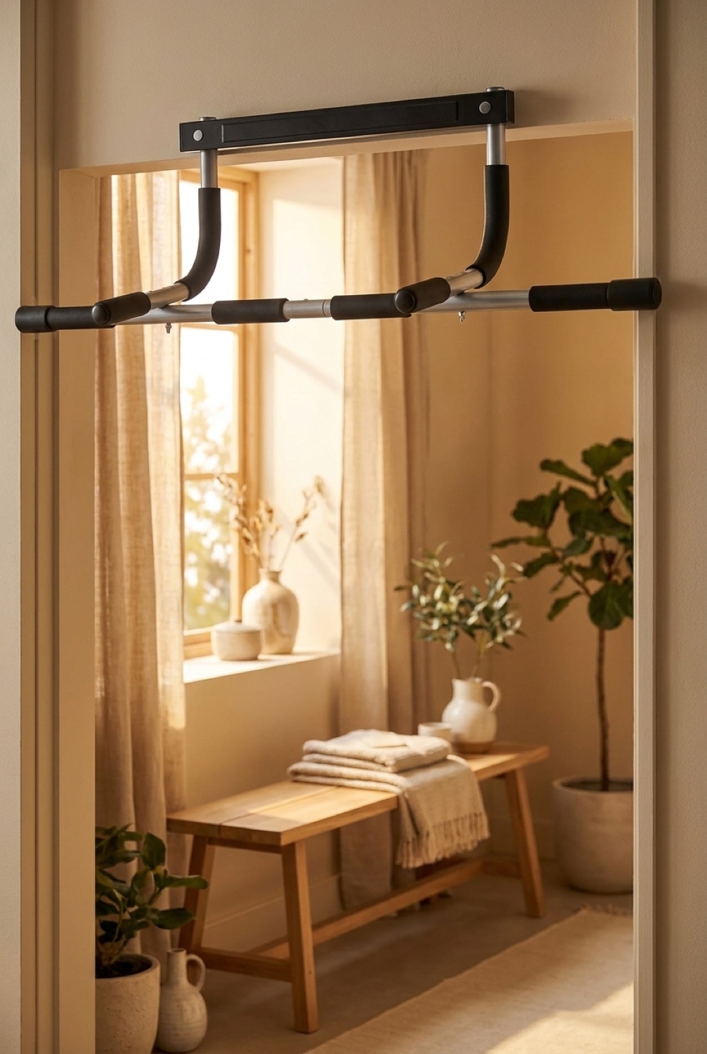 pull up bar in a calm wellness corner in soft golden-hour light