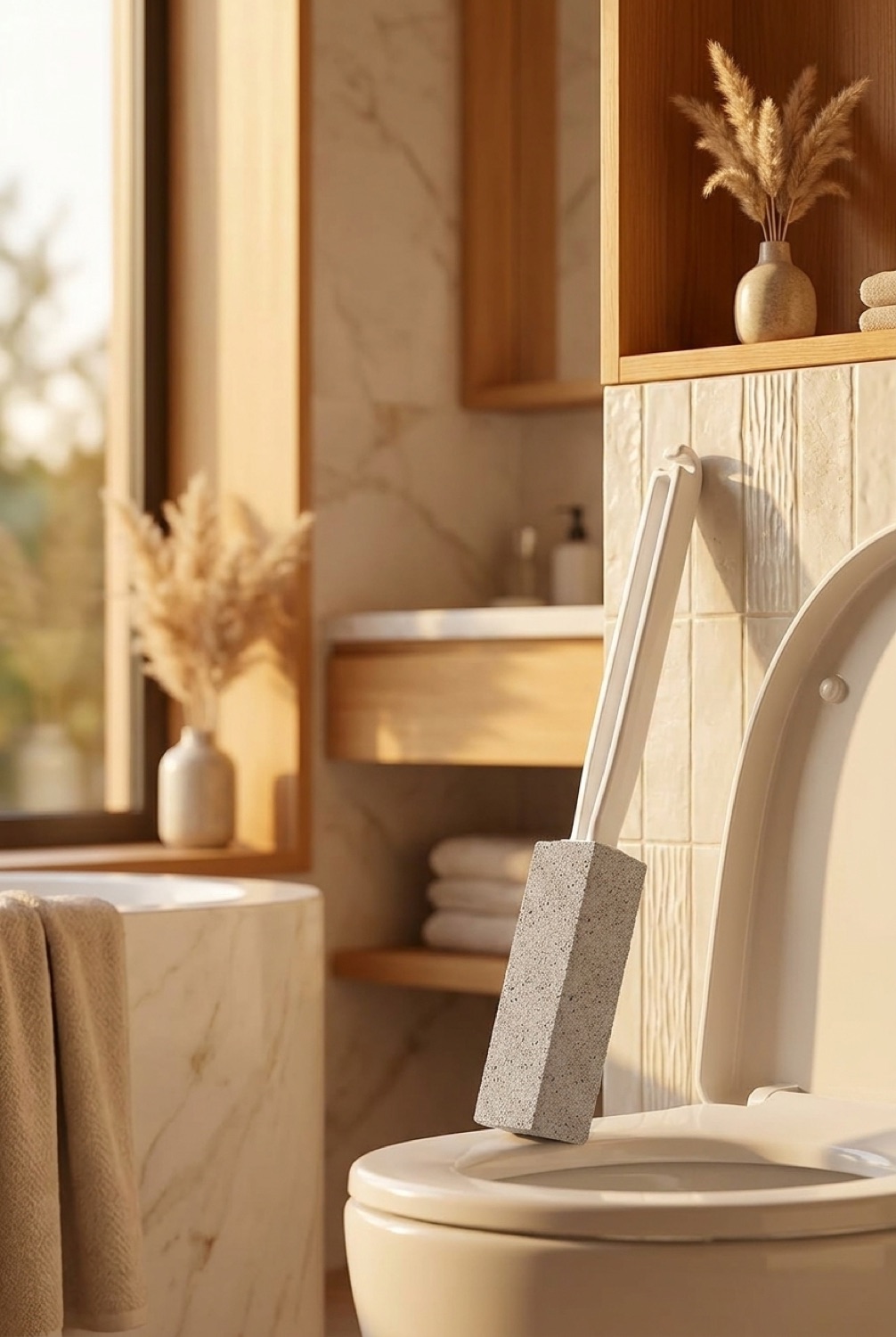 Pumice Toilet Cleaner in a calm clean home in soft golden-hour light