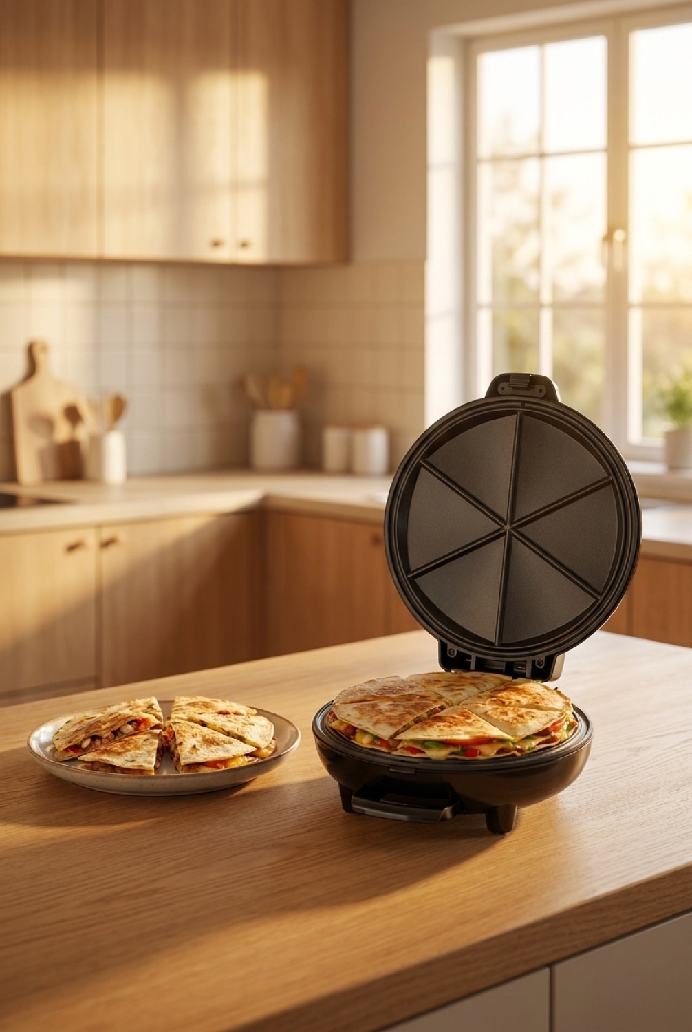 quesadilla maker on a warm oak kitchen counter in soft golden-hour light