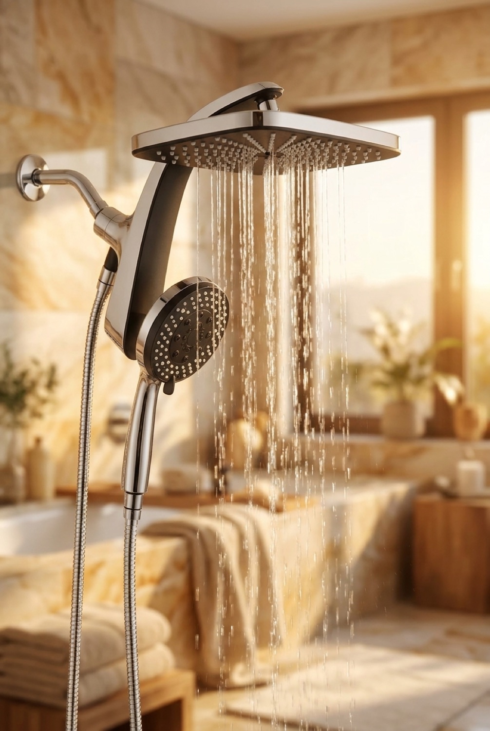 rain shower head in a serene spa-like bathroom in soft golden-hour light