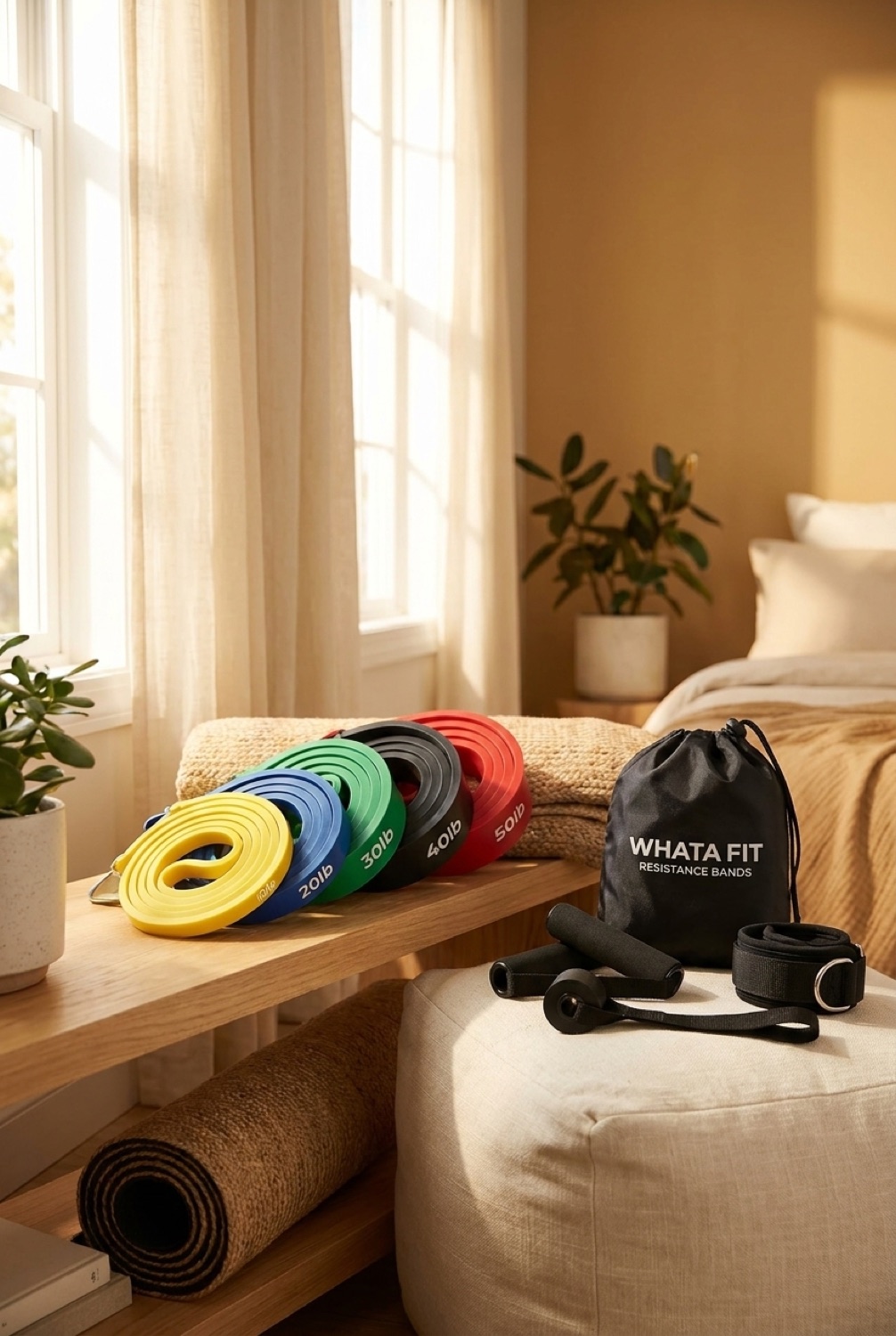 Resistance Bands Set in a restful wellness space in soft golden-hour light