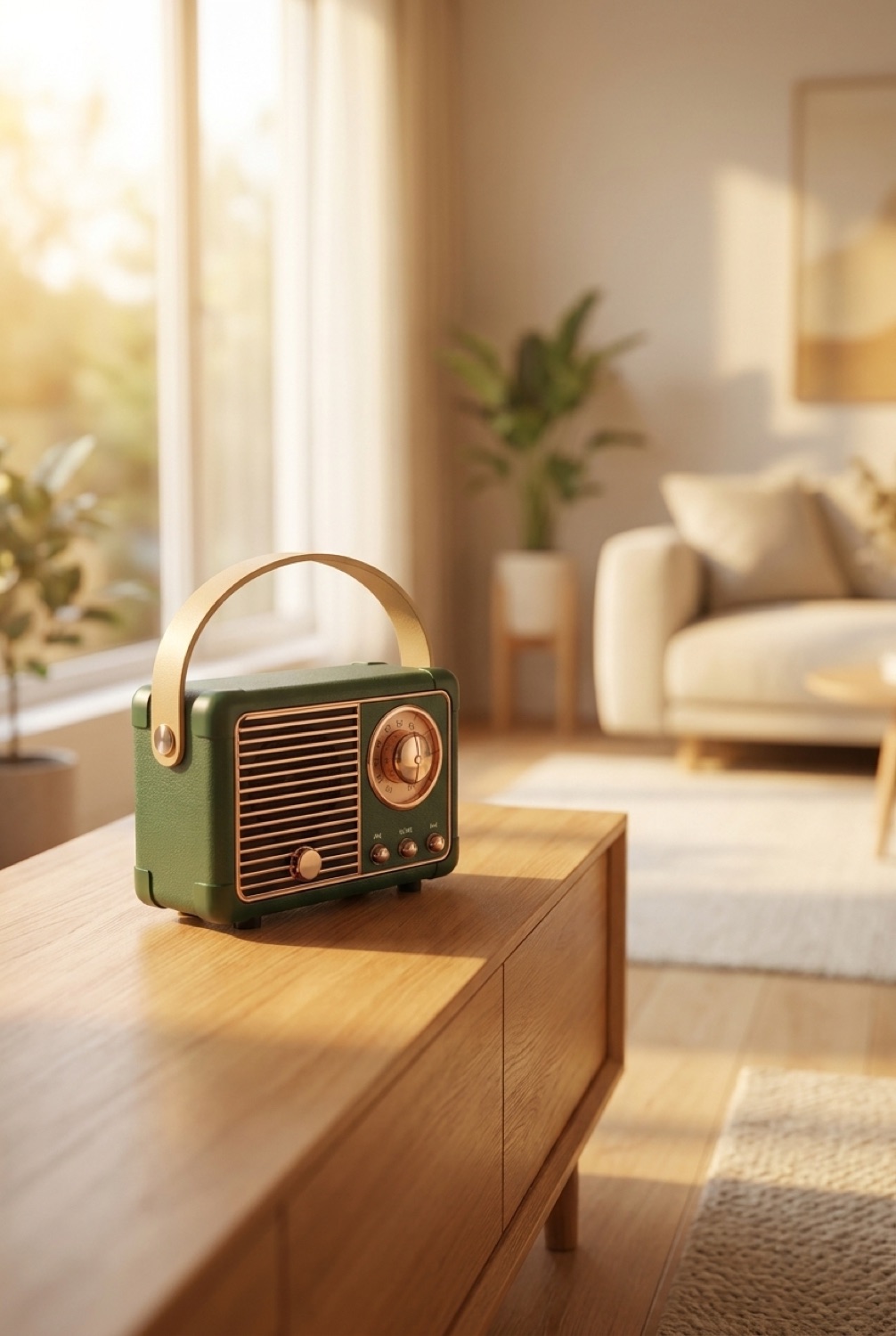 retro bluetooth speaker on a clean modern console in soft golden-hour light