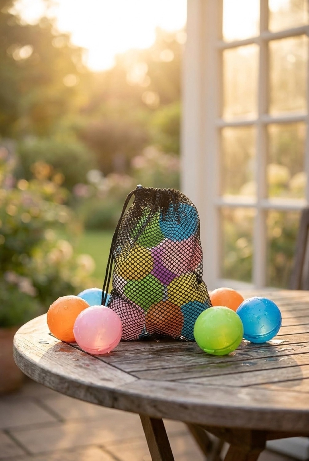 Reusable Water Balloons in a sunny calm garden in soft golden-hour light