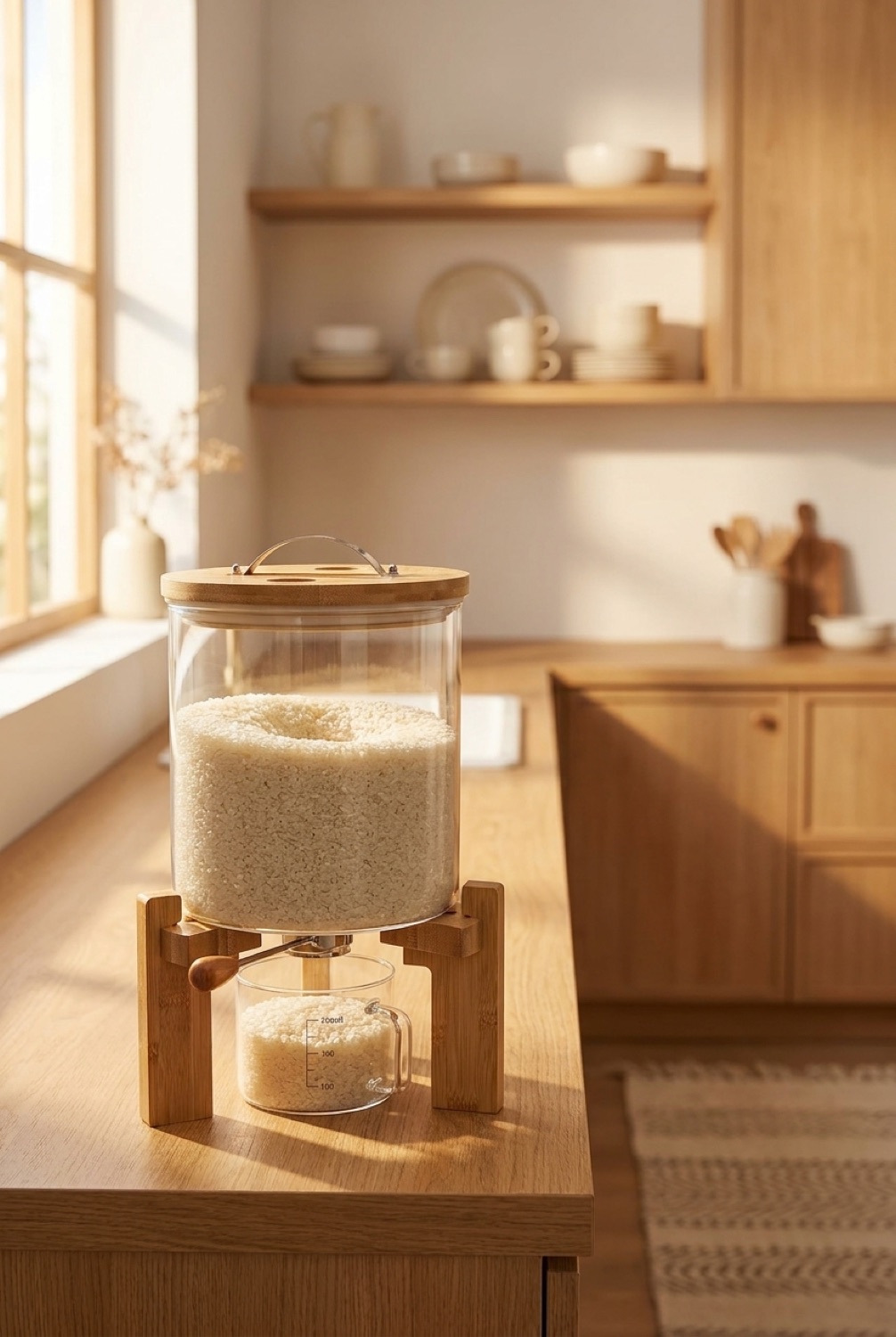 rice dispenser on a warm oak kitchen counter in soft golden-hour light