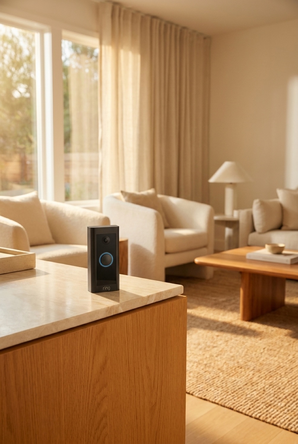 Ring doorbell on a clean modern console in soft golden-hour light
