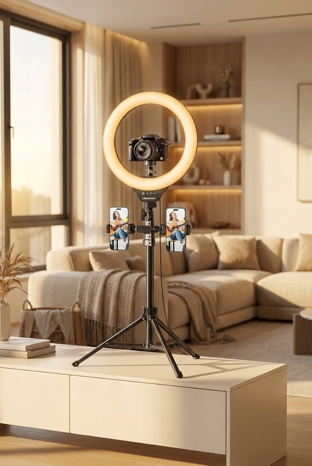 ring light on a clean modern console in soft golden-hour light