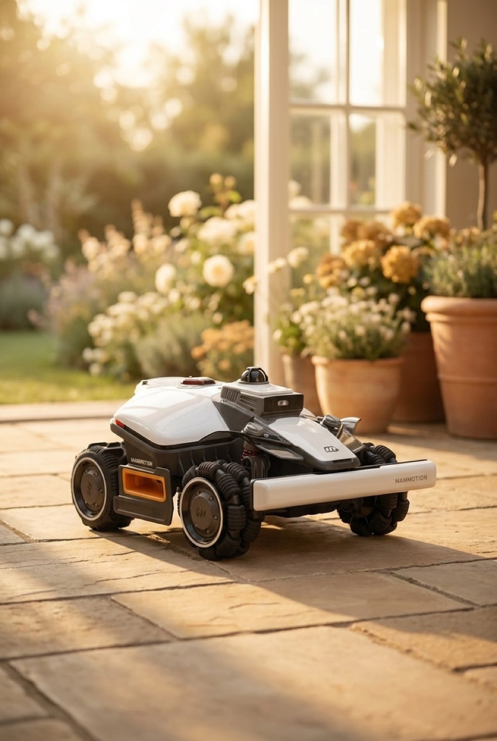 robot lawn mower on a sunny garden patio in soft golden-hour light