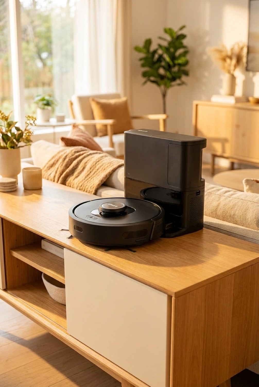 robot vacuum on a clean modern console in soft golden-hour light