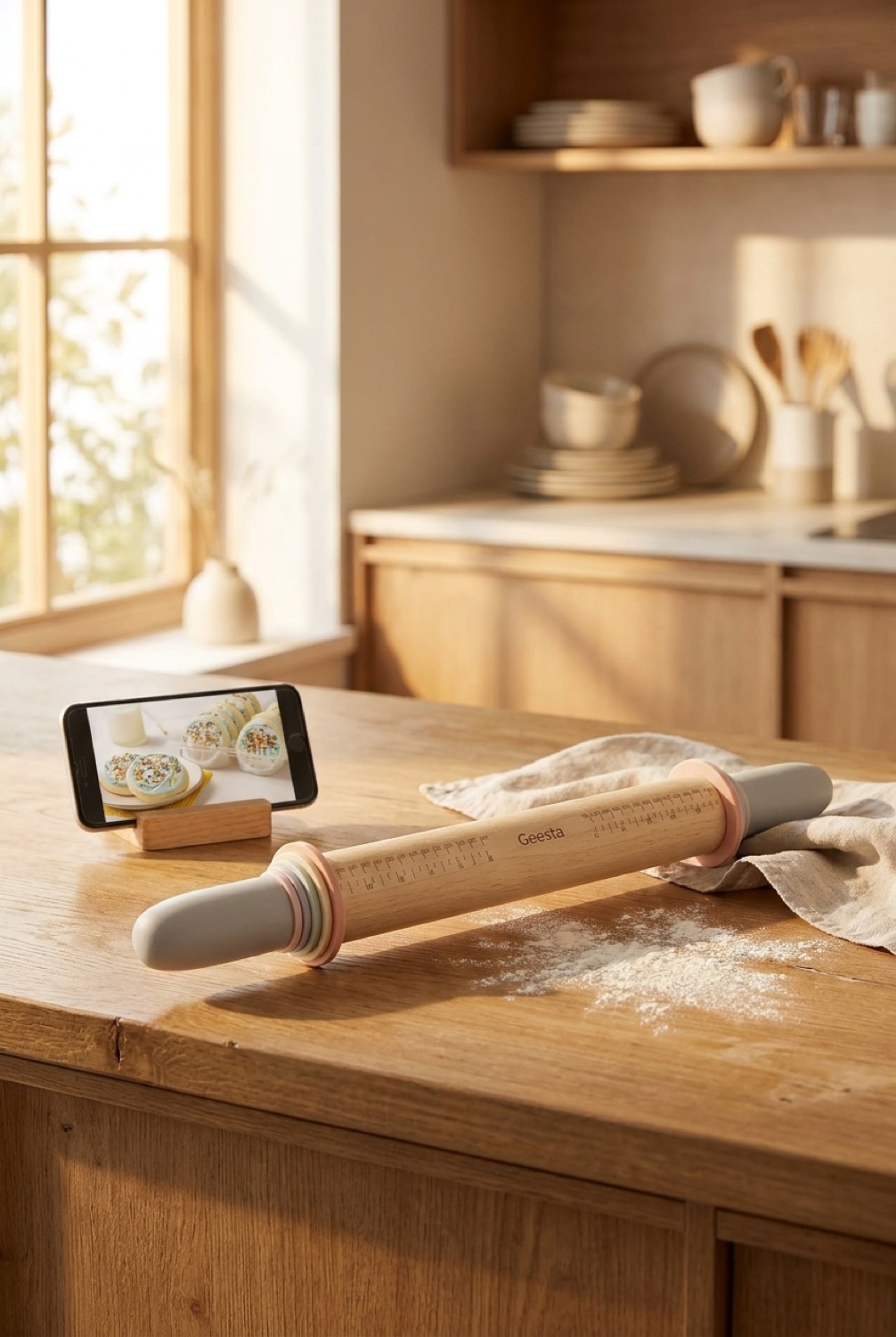 rolling pin on a warm oak kitchen counter in soft golden-hour light