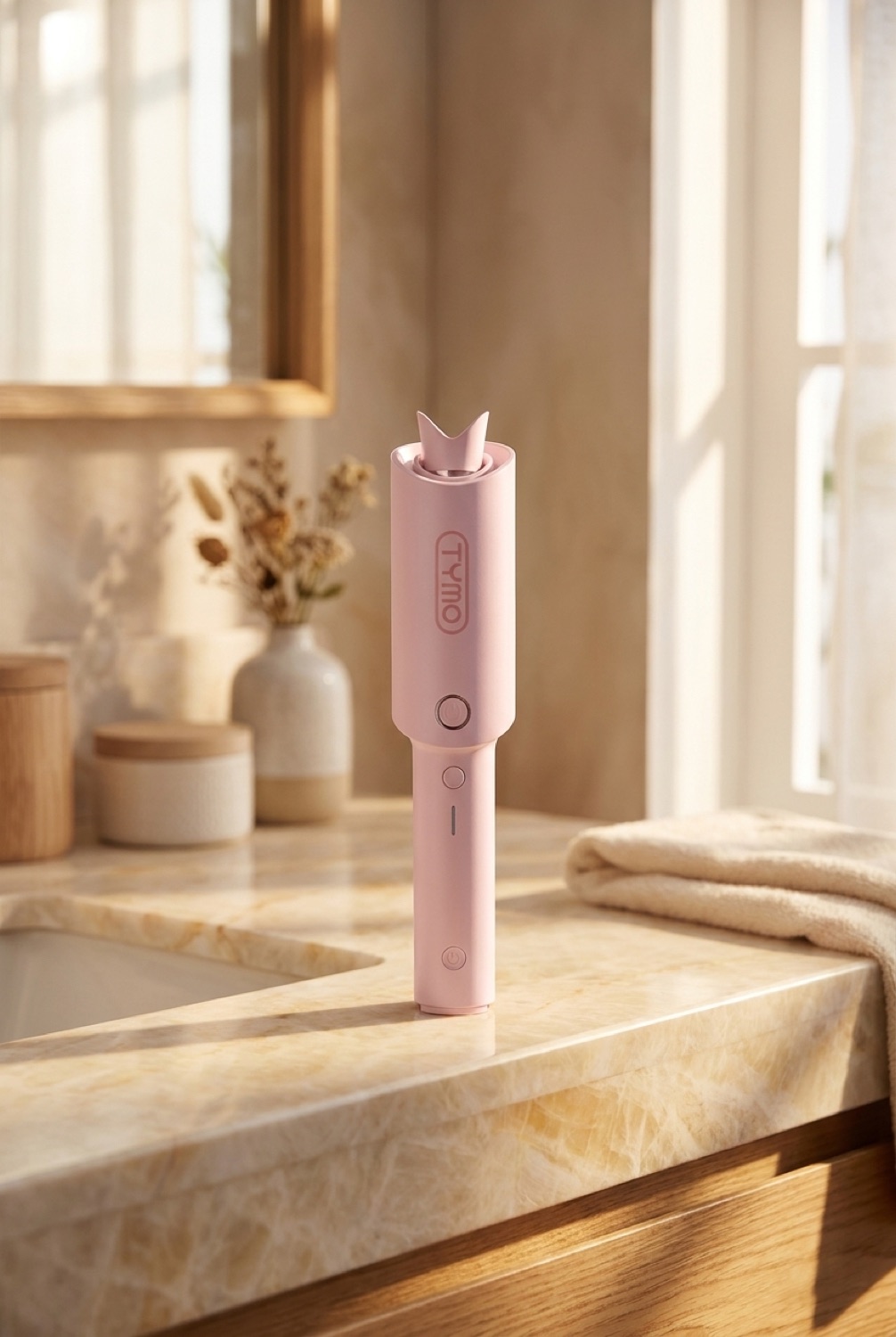 rotating curling iron on a calm bathroom vanity in soft golden-hour light