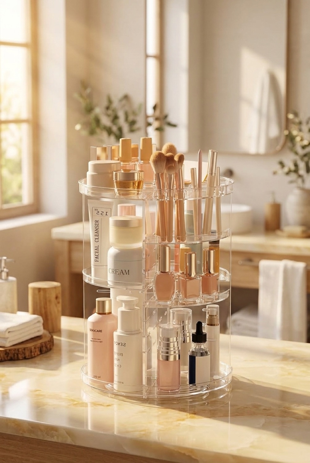 rotating makeup organizer on a calm bathroom vanity in soft golden-hour light