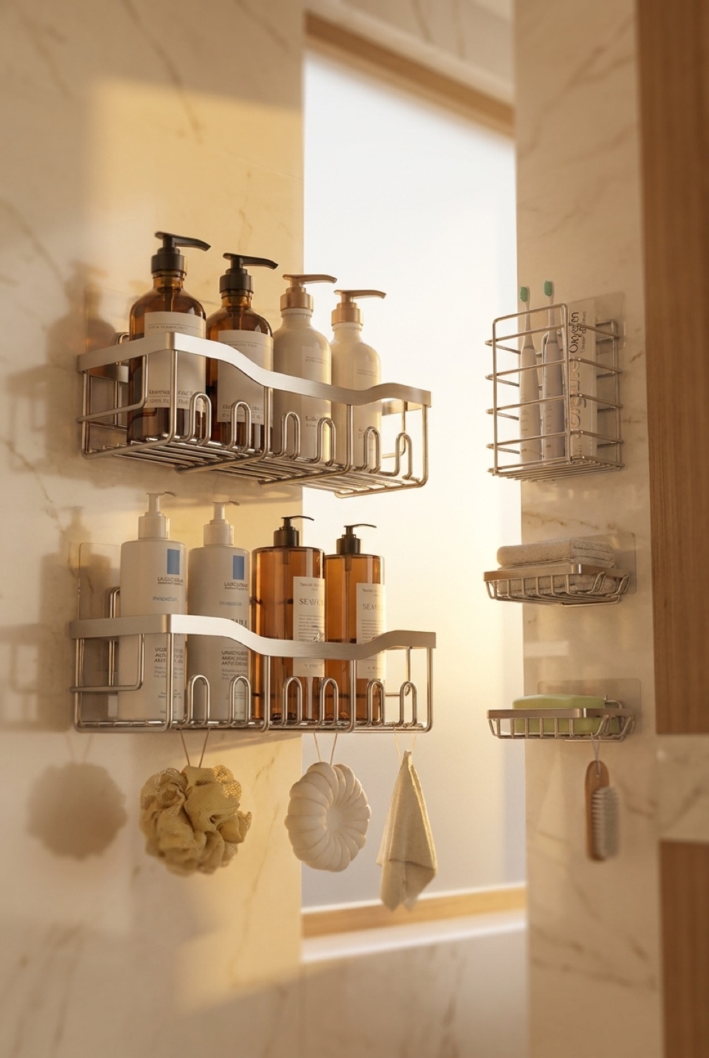 Rustproof Shower Caddy in a serene minimalist bathroom in soft golden-hour light