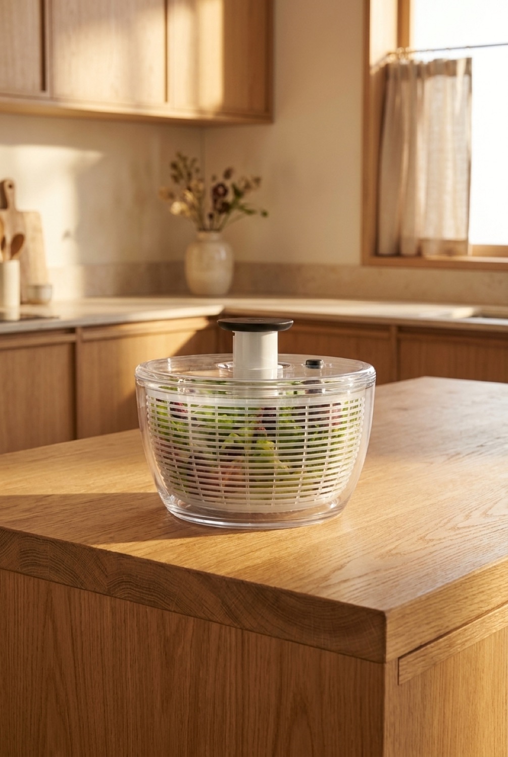 salad spinner on a warm oak kitchen counter in soft golden-hour light