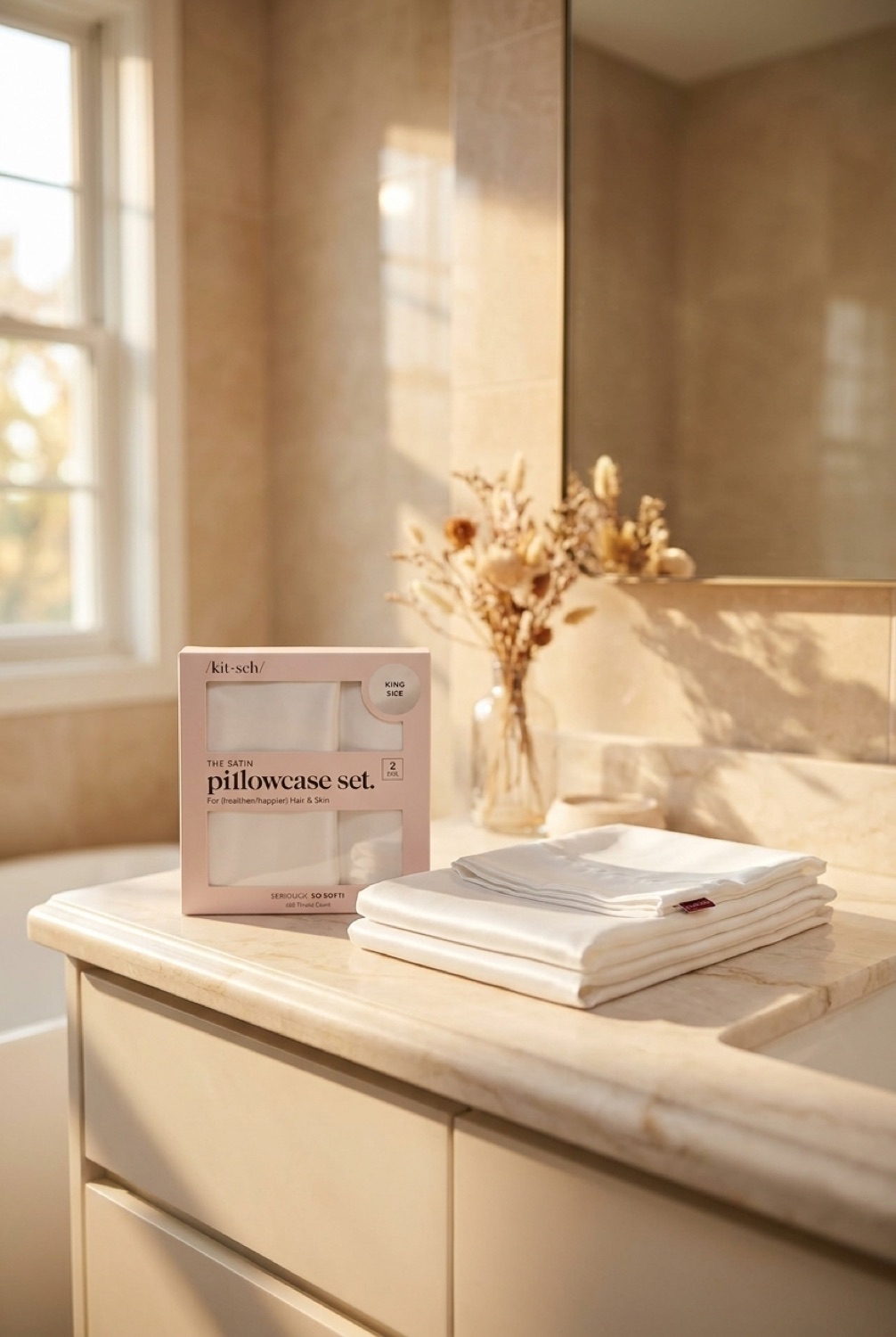 satin pillowcase on a calm bathroom vanity in soft golden-hour light