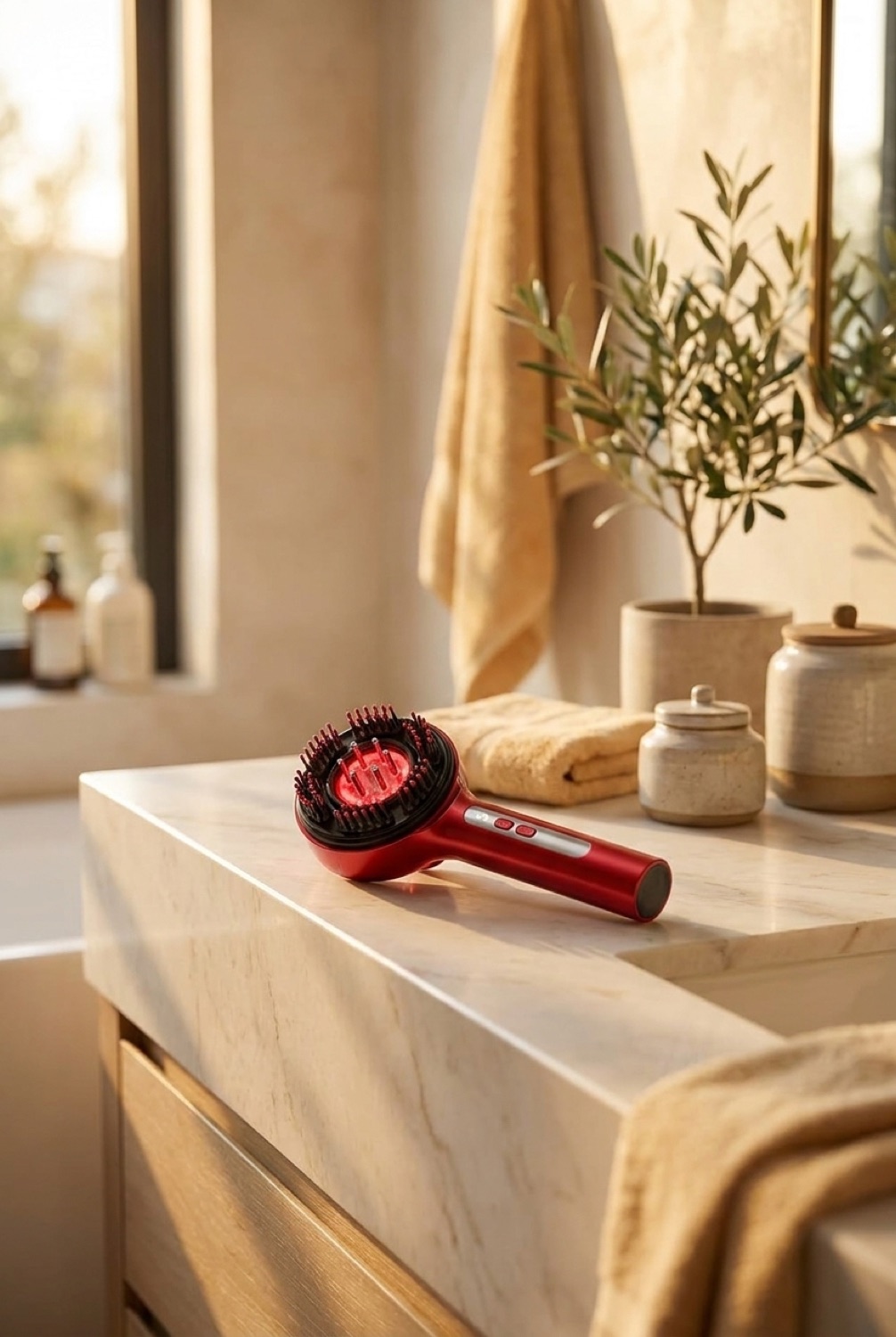 Scalp Massage Comb in a calm bathroom vanity in soft golden-hour light