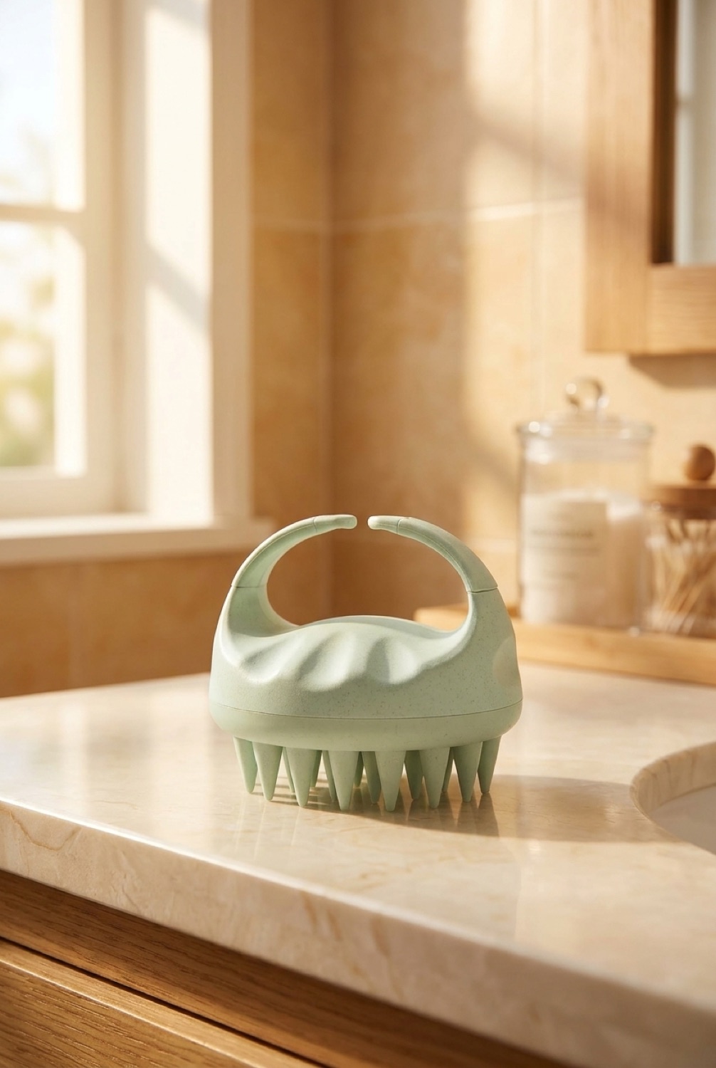 scalp massager on a calm bathroom vanity in soft golden-hour light