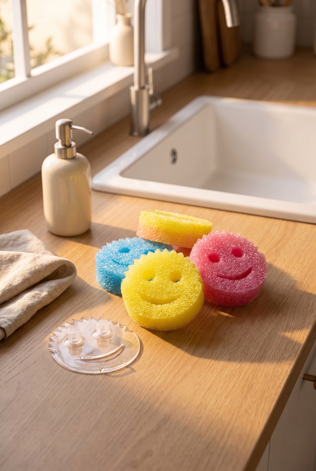 Scrub Daddy Sponges in a calm clean home in soft golden-hour light
