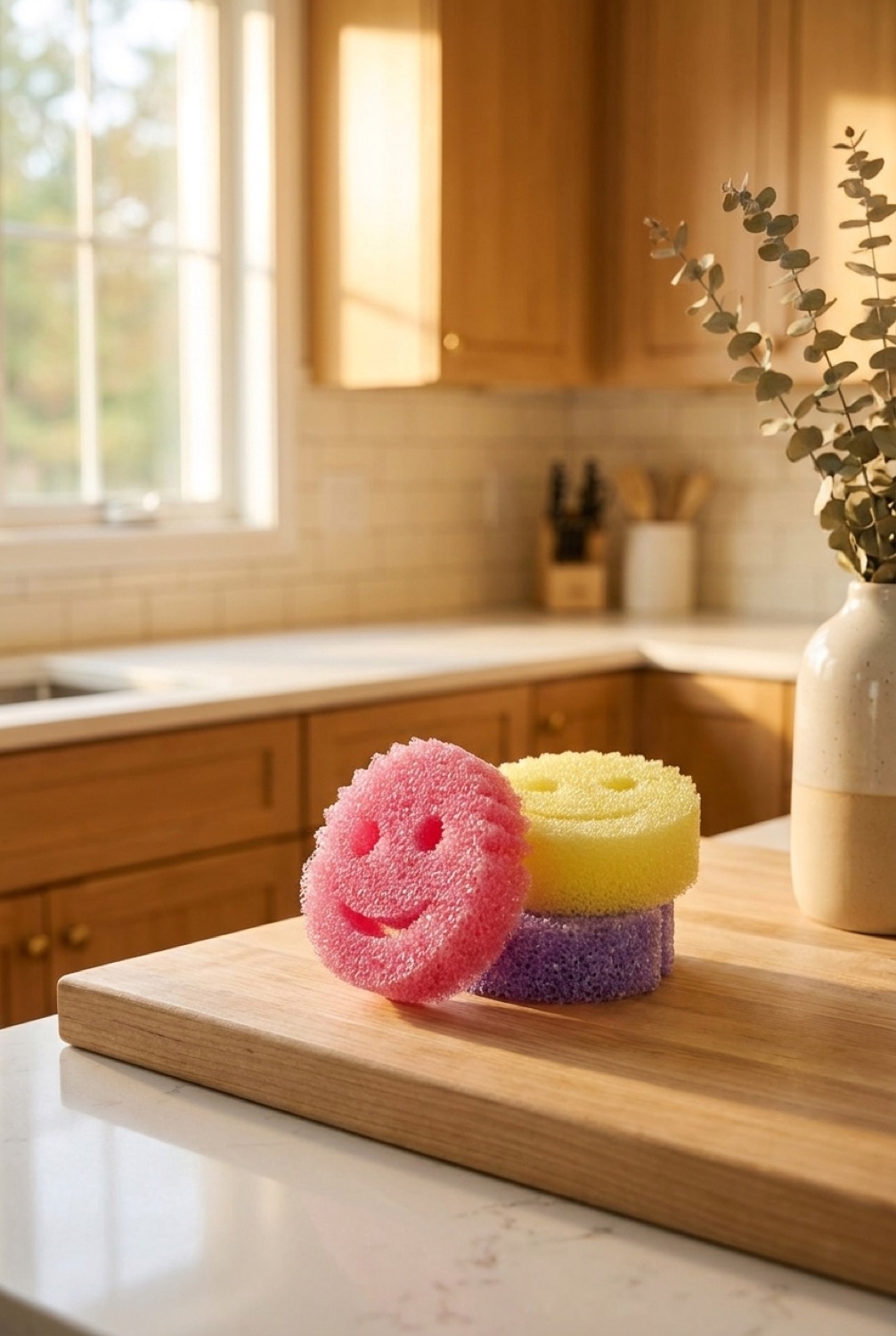 Scrubbing Sponges in a calm clean home in soft golden-hour light