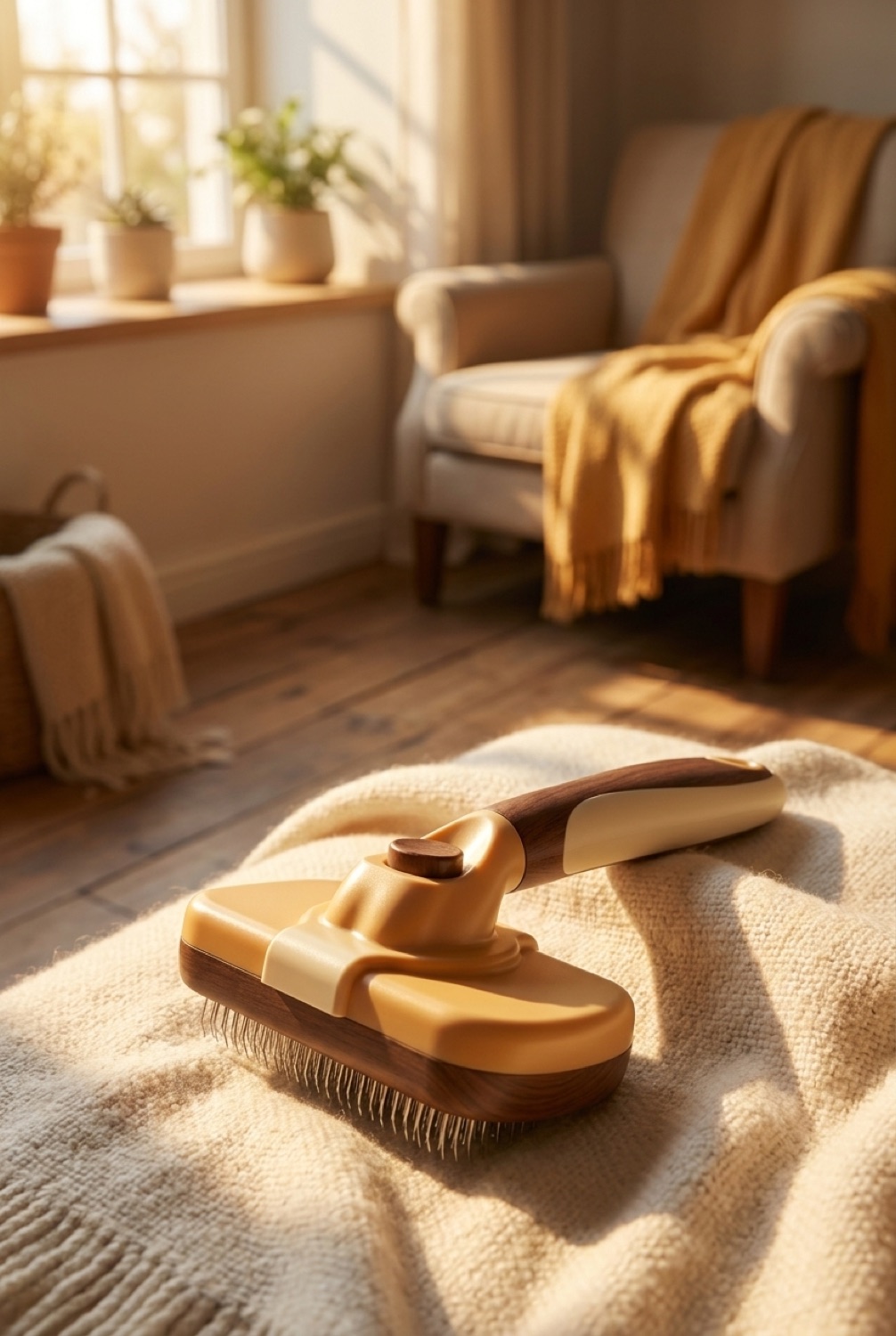Self-Cleaning Pet Brush in a calm home in soft golden-hour light