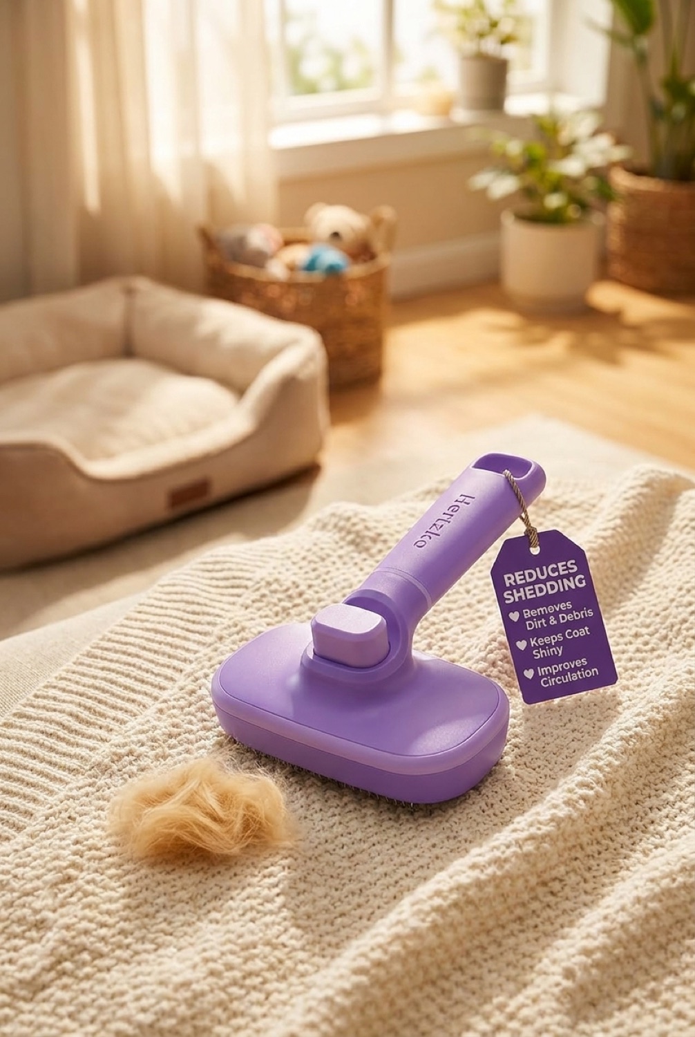 self-cleaning pet brush in a cosy home pet corner in soft golden-hour light
