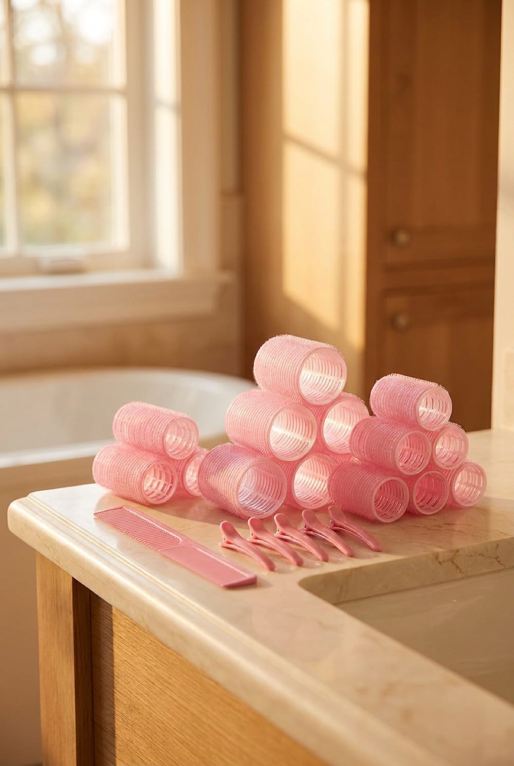 self-grip hair rollers on a calm bathroom vanity in soft golden-hour light