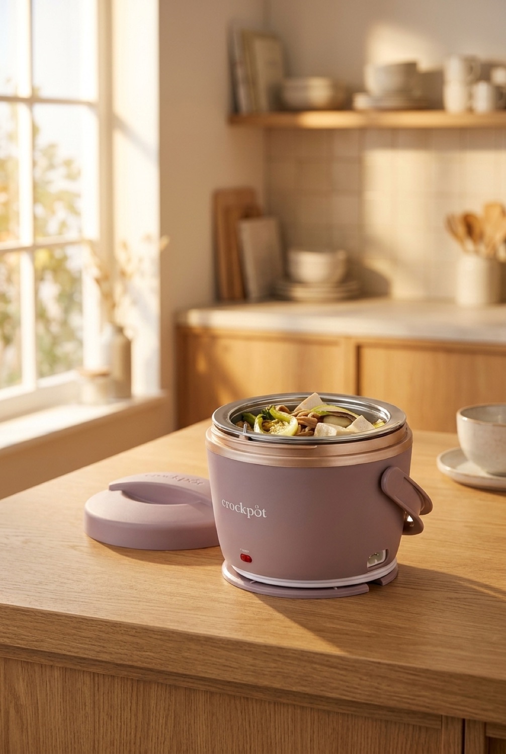 self-heating lunch box on a warm oak kitchen counter in soft golden-hour light