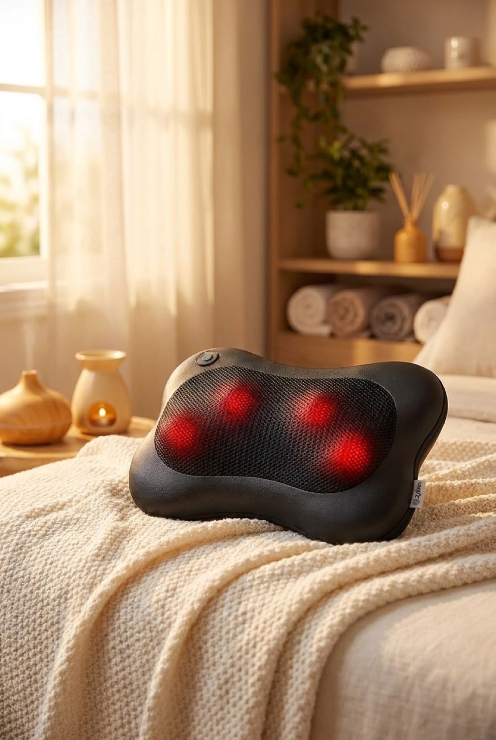 Shiatsu Neck Massager in a restful wellness space in soft golden-hour light