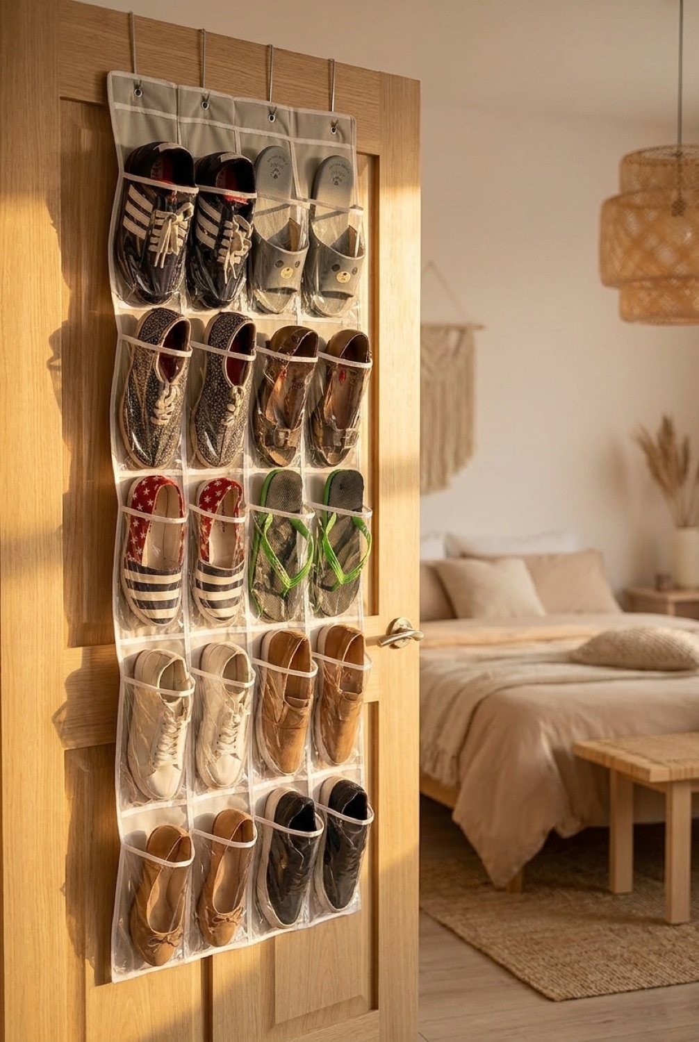 Clear-pocket over-door shoe organiser on an oak door in a calm bedroom