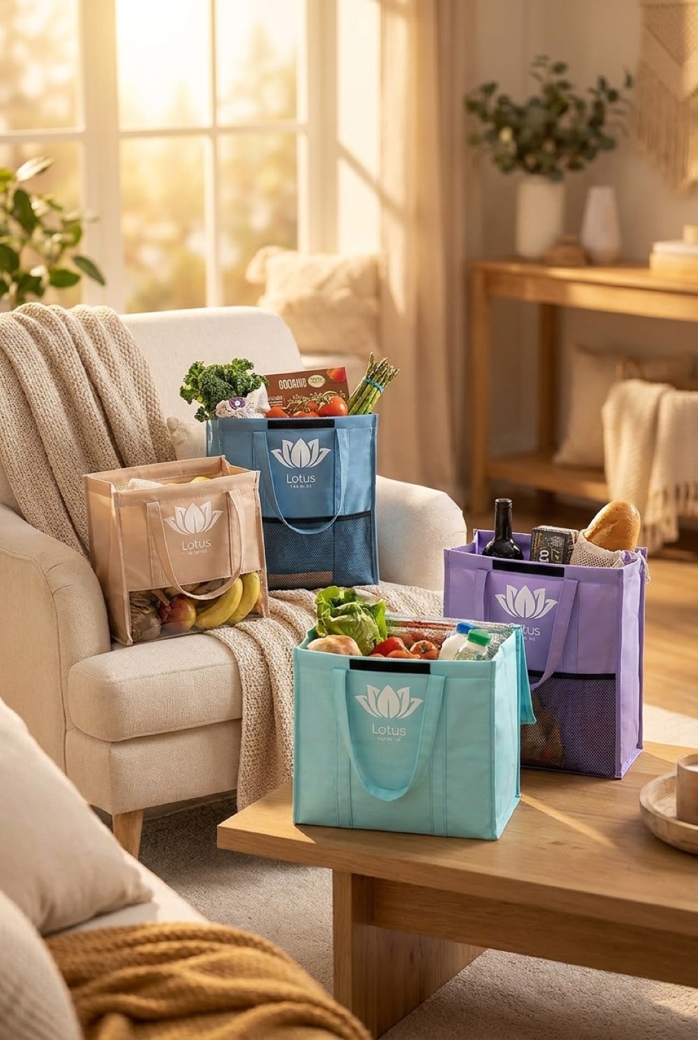 shopping bag set in a warm cosy living room in soft golden-hour light