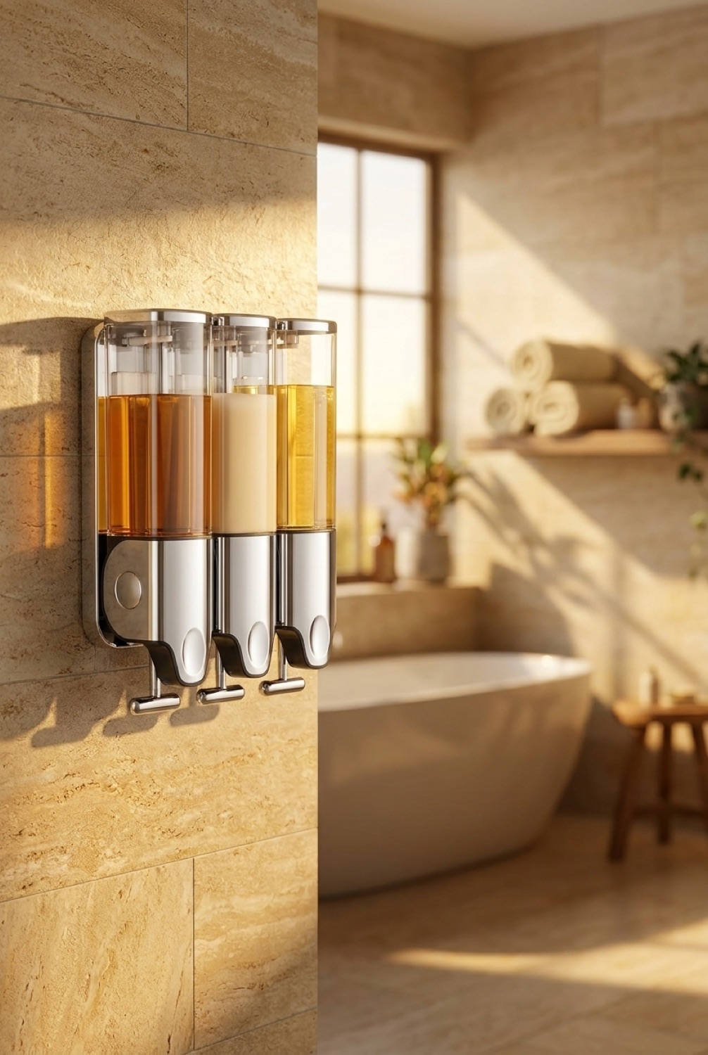 shower soap dispenser in a serene spa-like bathroom in soft golden-hour light