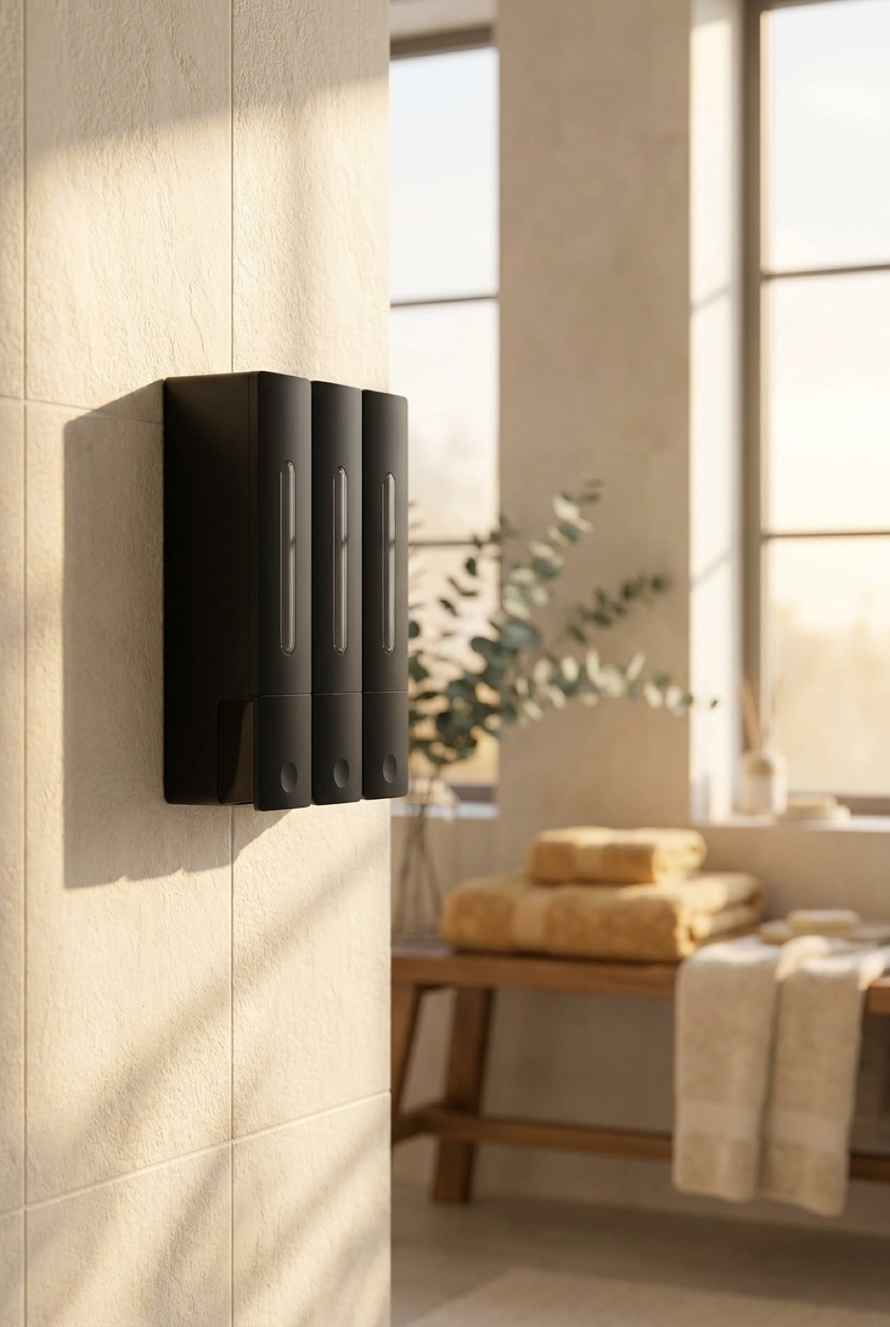 shower soap dispenser in a serene spa-like bathroom in soft golden-hour light