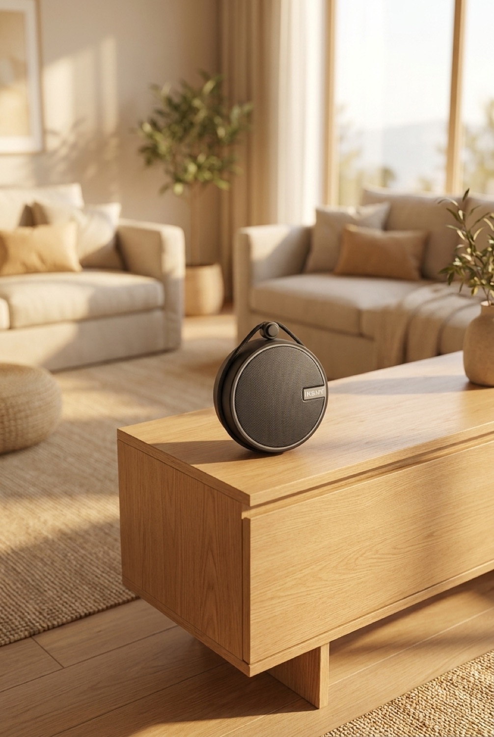 shower speaker on a clean modern console in soft golden-hour light