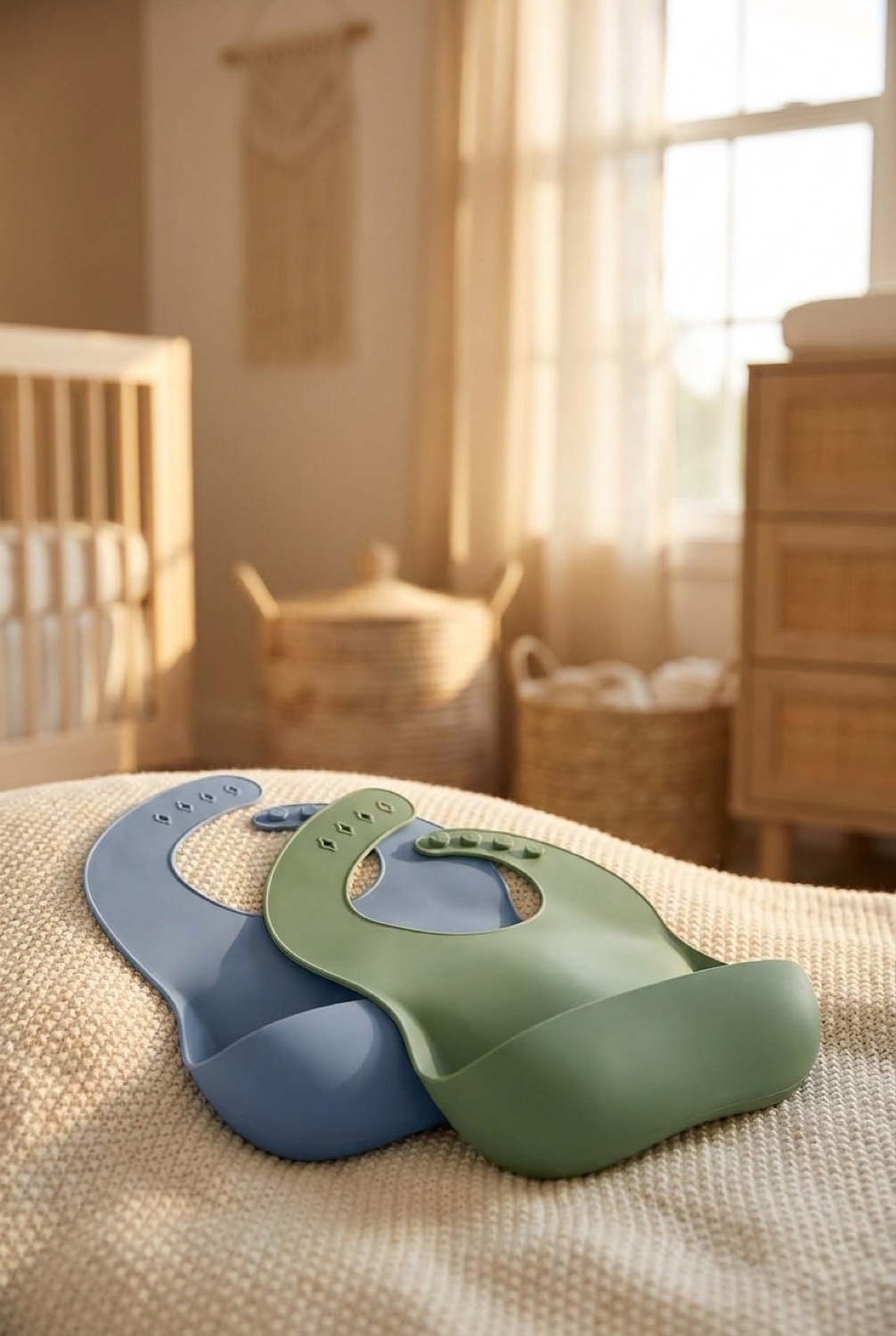 silicone baby bibs in a calm soft nursery in soft golden-hour light