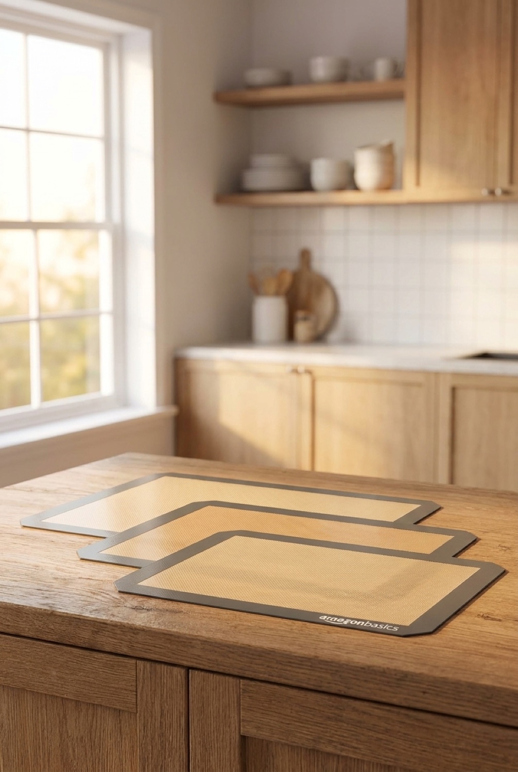 silicone baking mats on a warm oak kitchen counter in soft golden-hour light