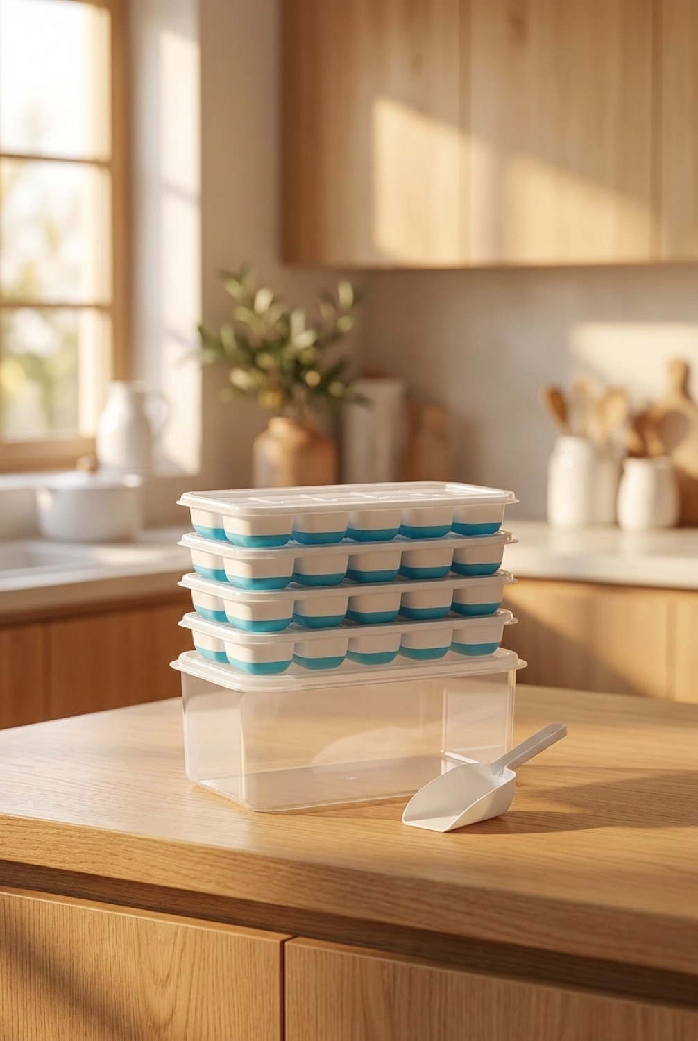 silicone ice cube tray on a warm oak kitchen counter in soft golden-hour light