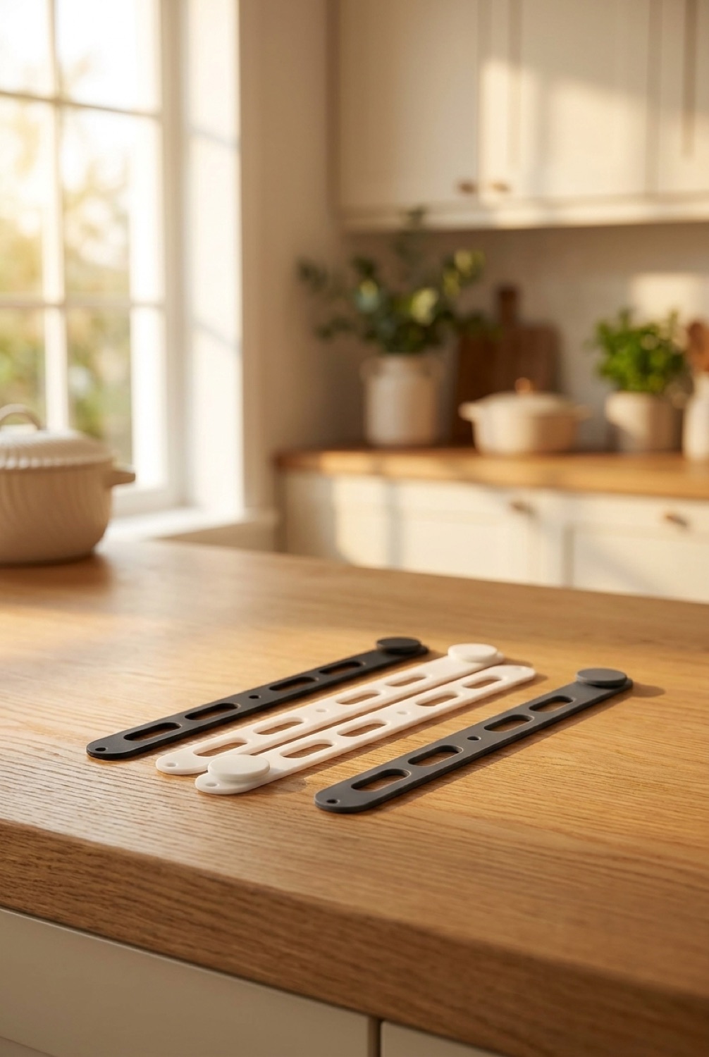 silicone lid straps on a warm oak kitchen counter in soft golden-hour light